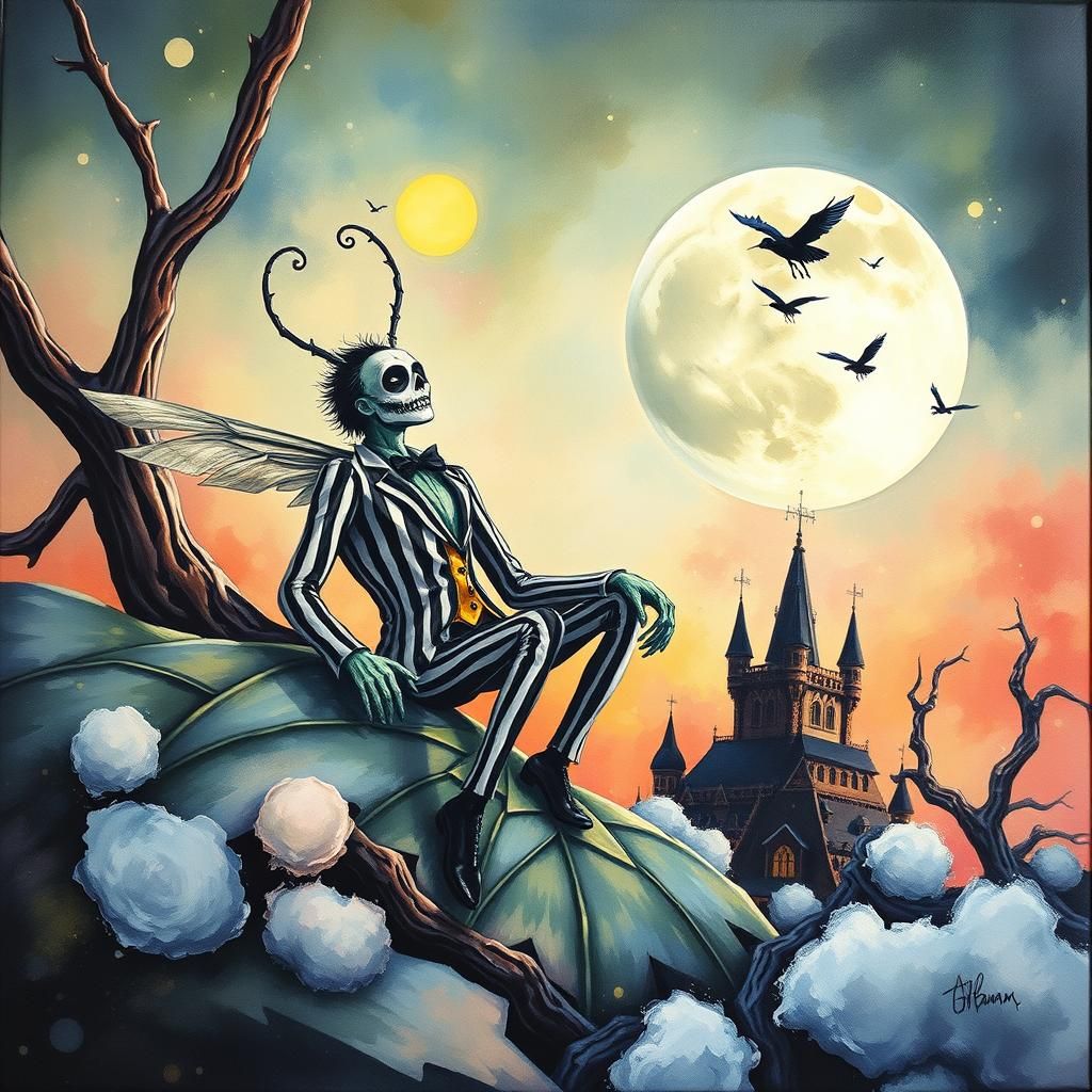 Beetlejuice Floating on Clouds in Gouache Style