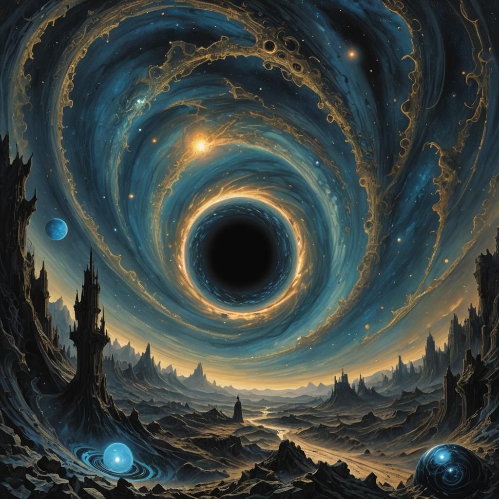 Black Hole with Blue Planets in Horror Style