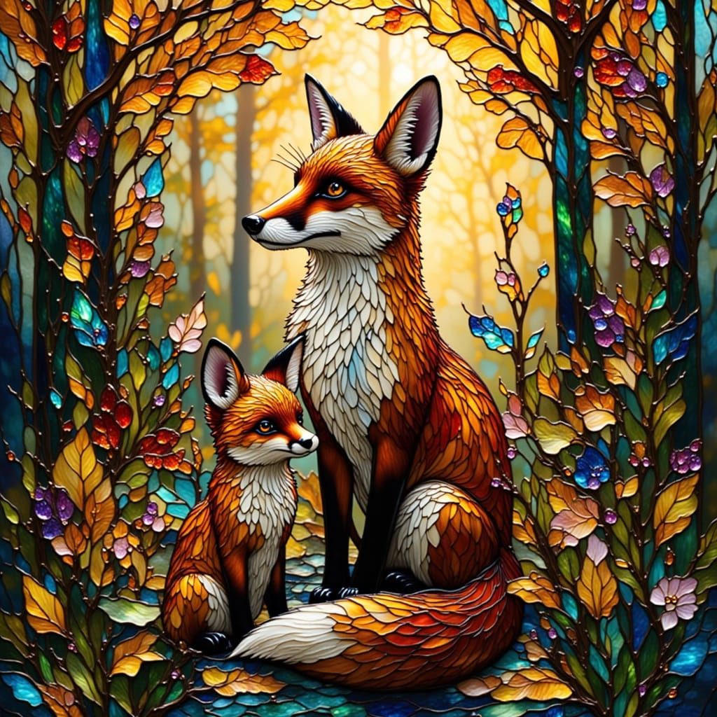 Stained Glass Fox Family in Autumn Forest