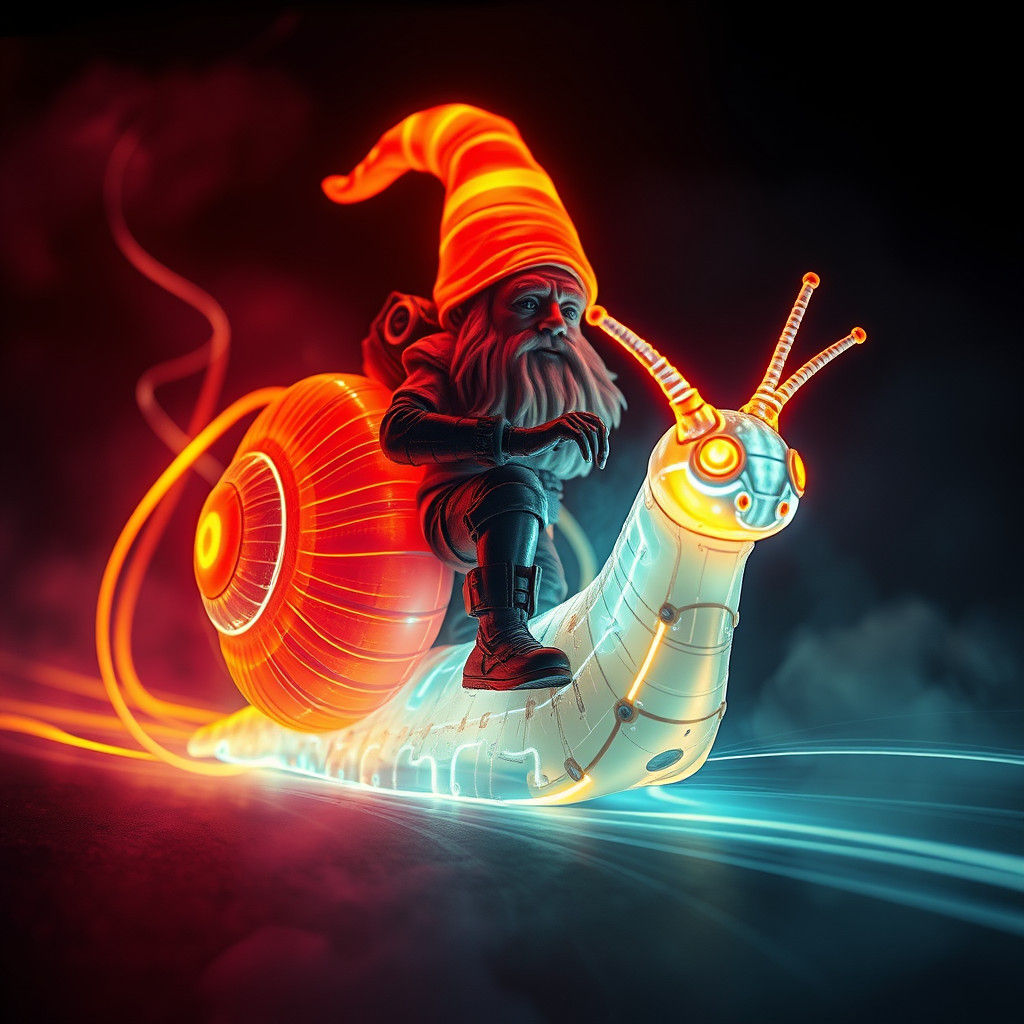 Biomechanical Gnome Riding Luminous Snail in Abstract Expres...