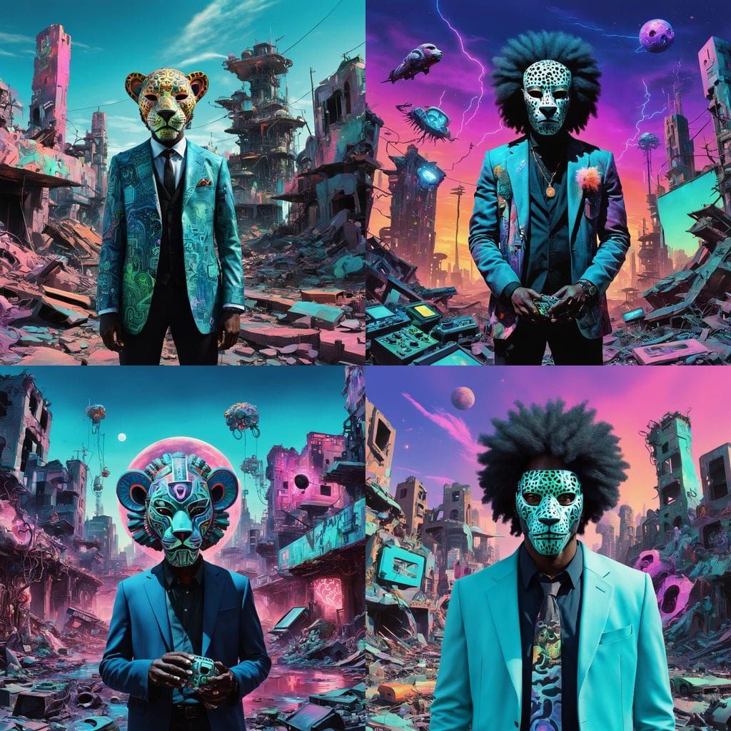 Afrofuturist Prophet in Neon City with Jaguar Mask