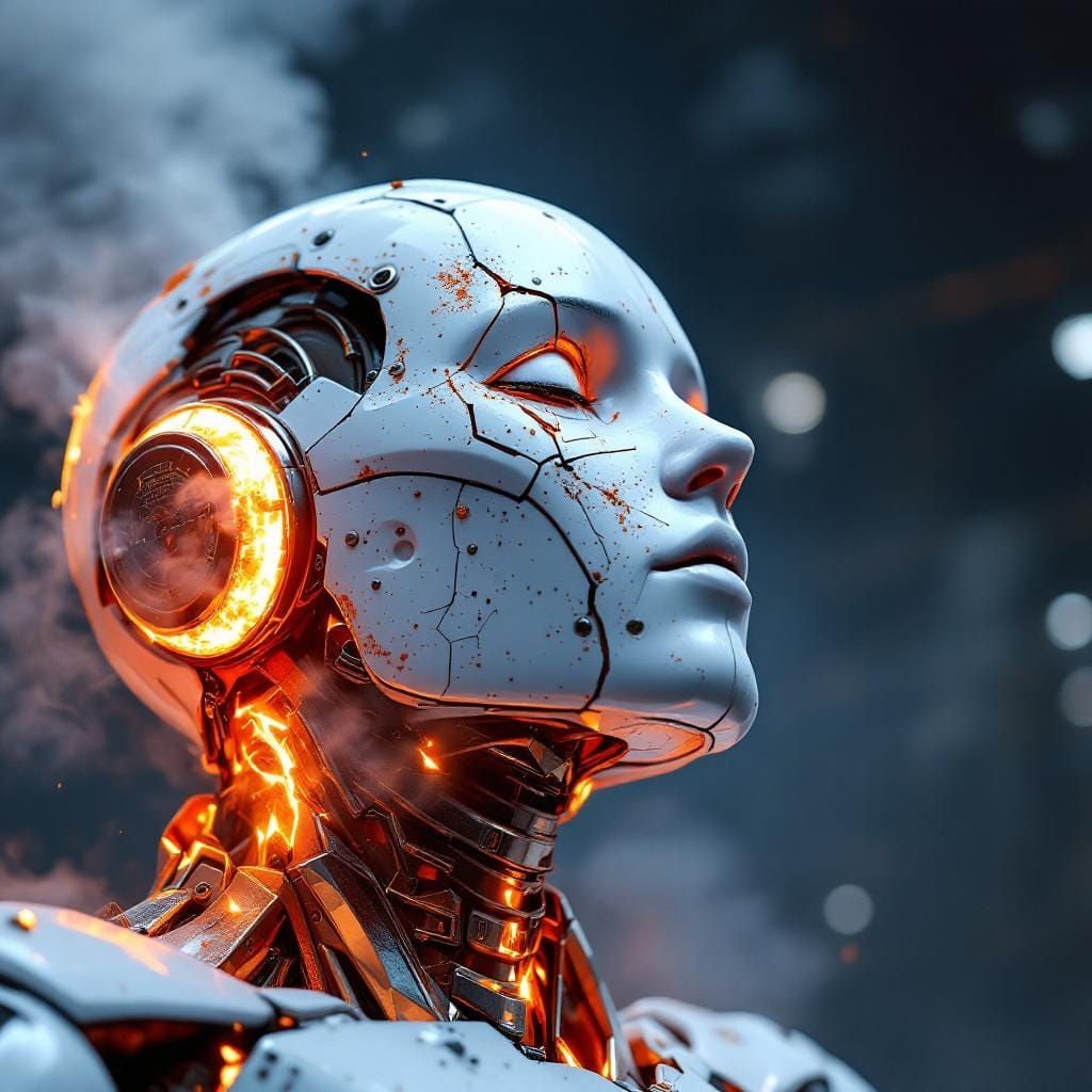 Charred Robot Head Close-Up in Industrial Setting