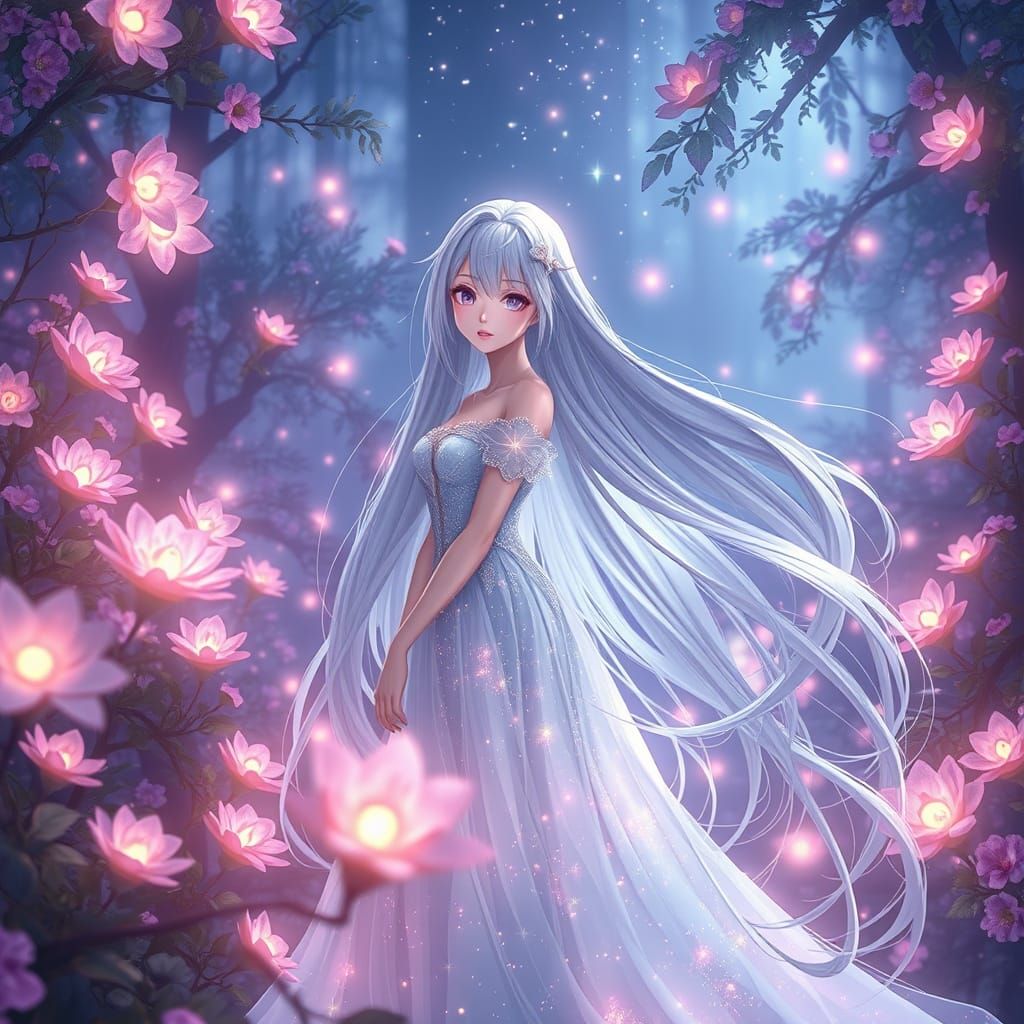 Anime Woman in Celestial Garden: Ethereal Fantasy Art