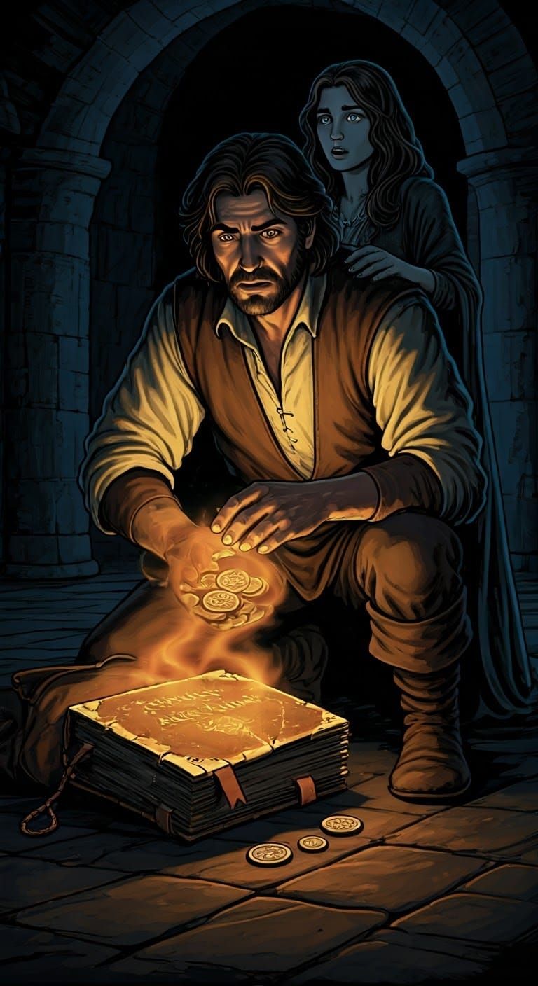 Man Kneeling with Glowing Book in 1970s Fantasy Art