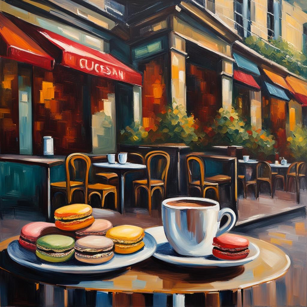 French Cafe Scene as Impressionist Oil Painting