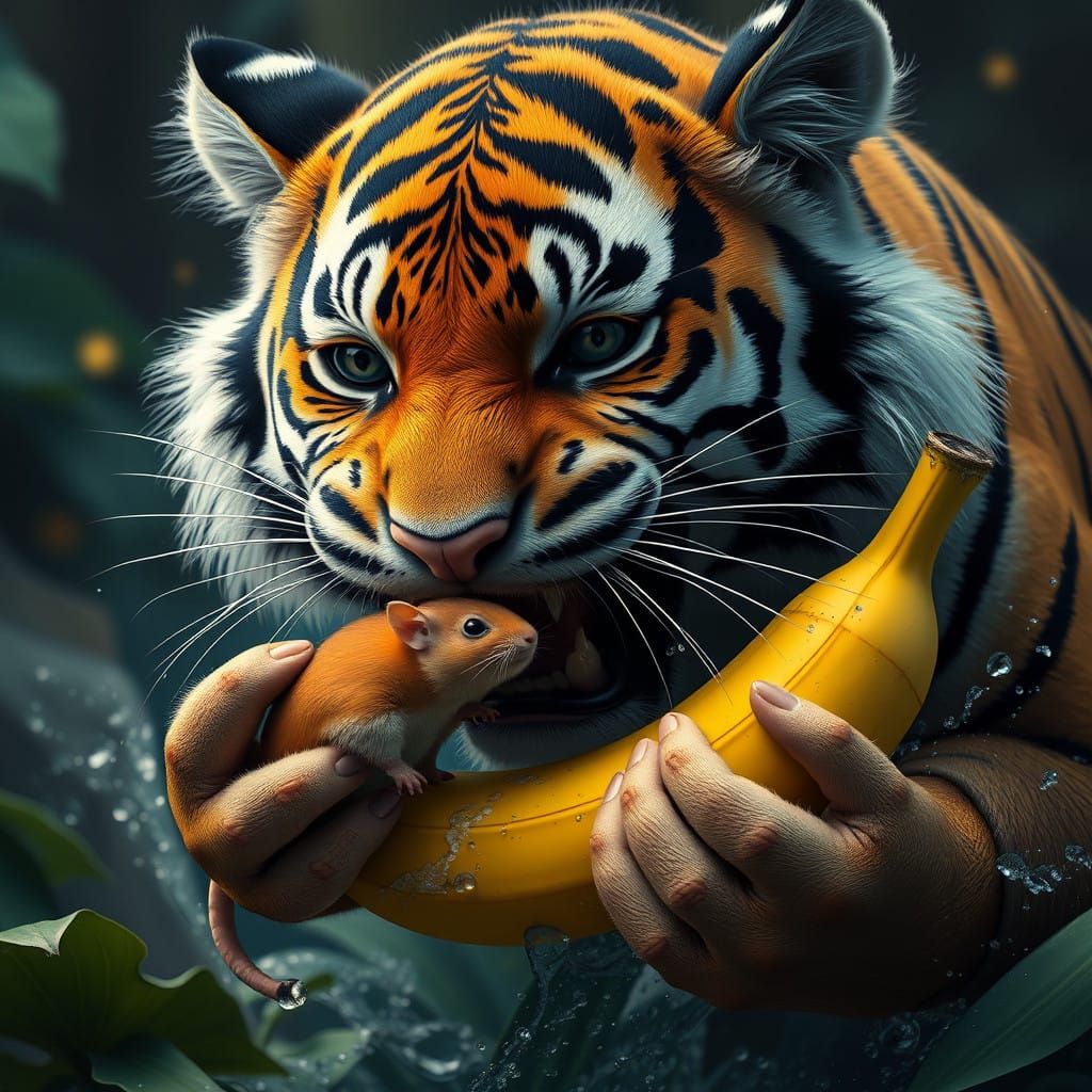 Whimsical Tiger Devours Mouse Snacking on Banana in Vibrant....