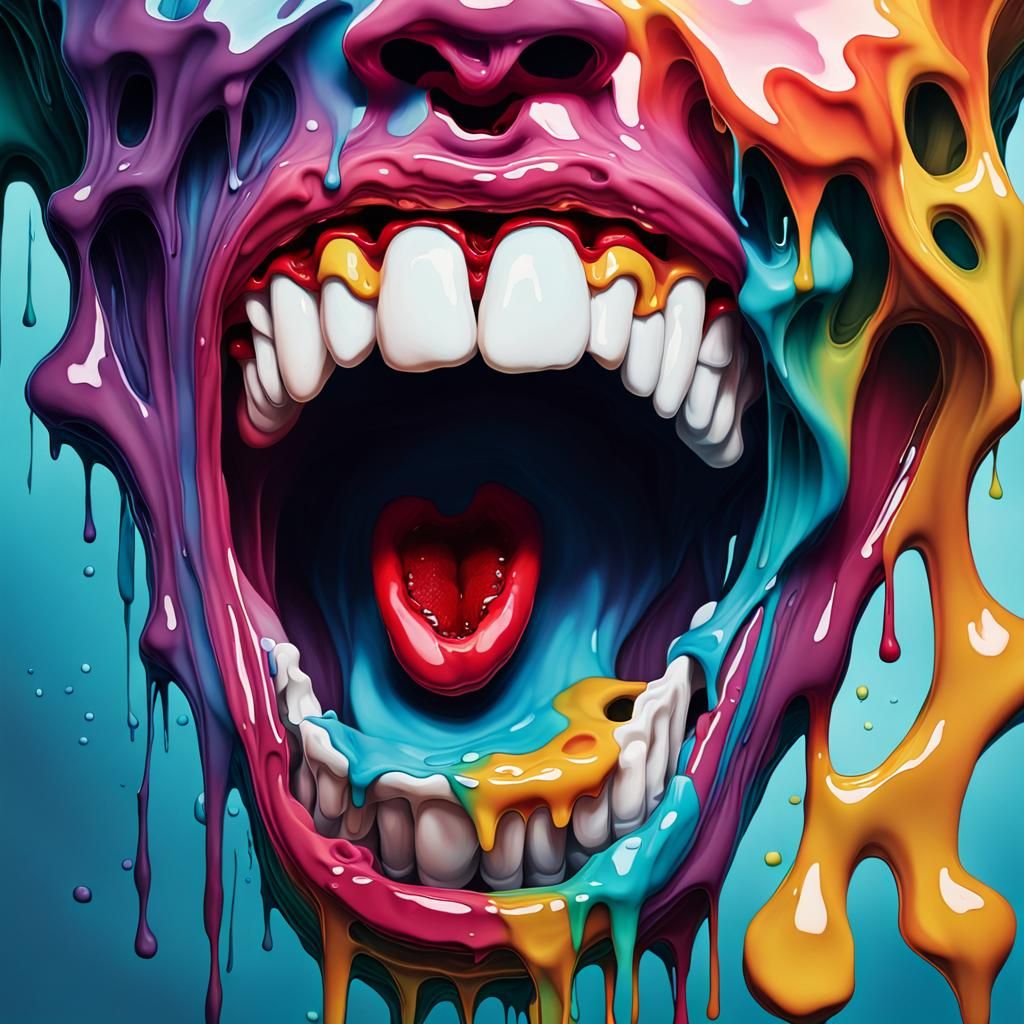 Surreal Melting Face with Screaming Mouth