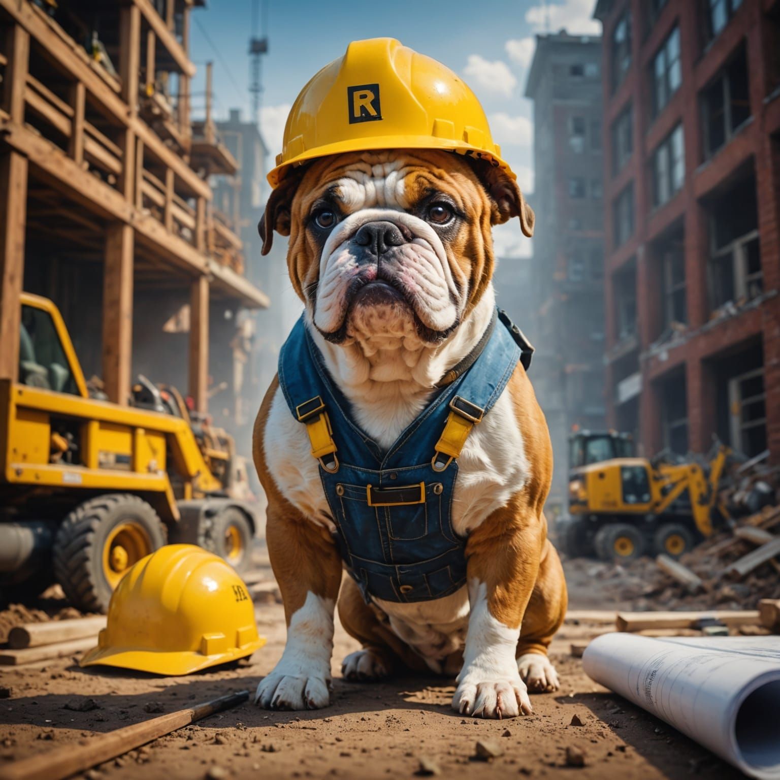 A bulldog construction worker, complete with a hard hat and ...