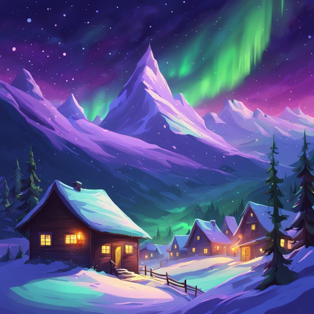 Mountain Village Under Ethereal Aurora Sky