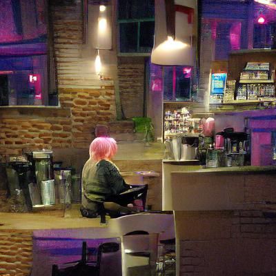 Pink-Haired Woman in Coffee Shop at Night