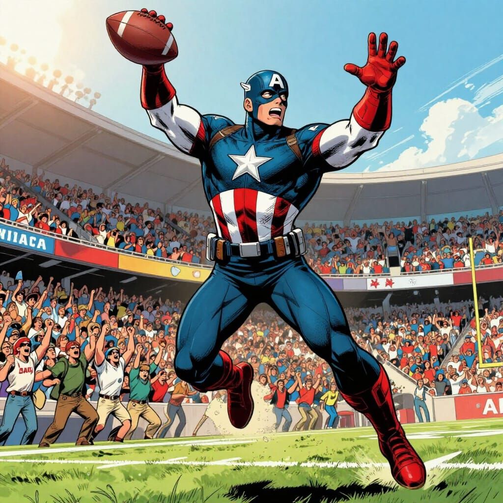 Captain America Catches Football in Vibrant Stadium
