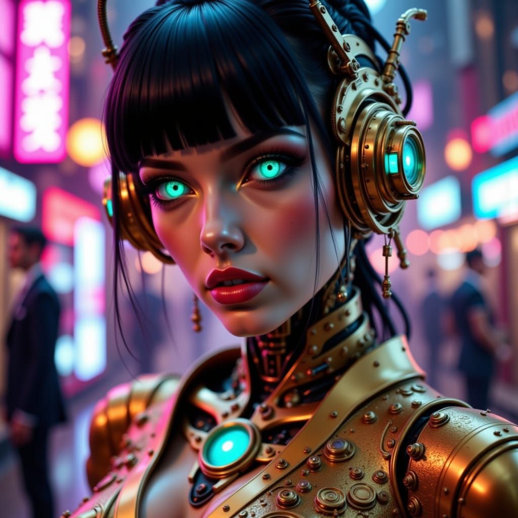 Cyberpunk Robot Woman in Gold Dress, Syd Mead Style
