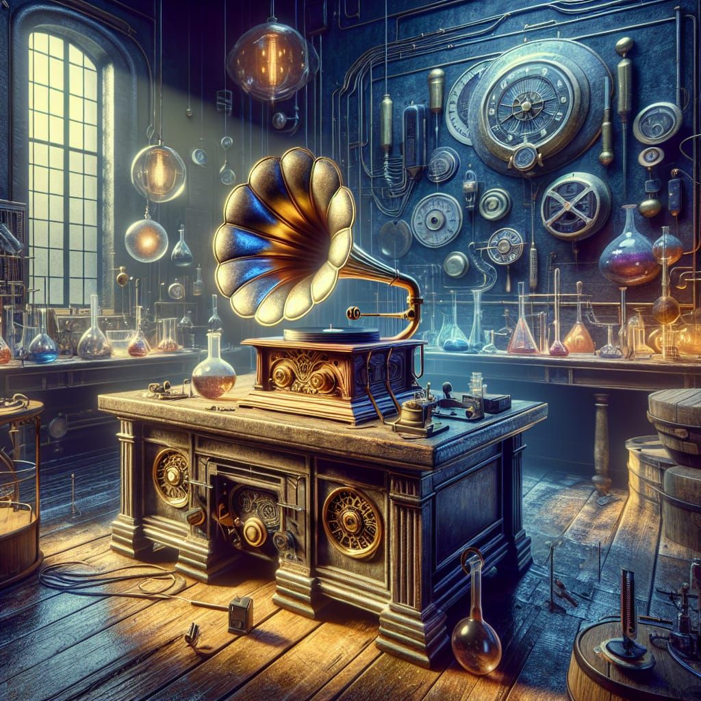 Vintage Phonograph in Scientist's Lab, Fantasy Concept Art