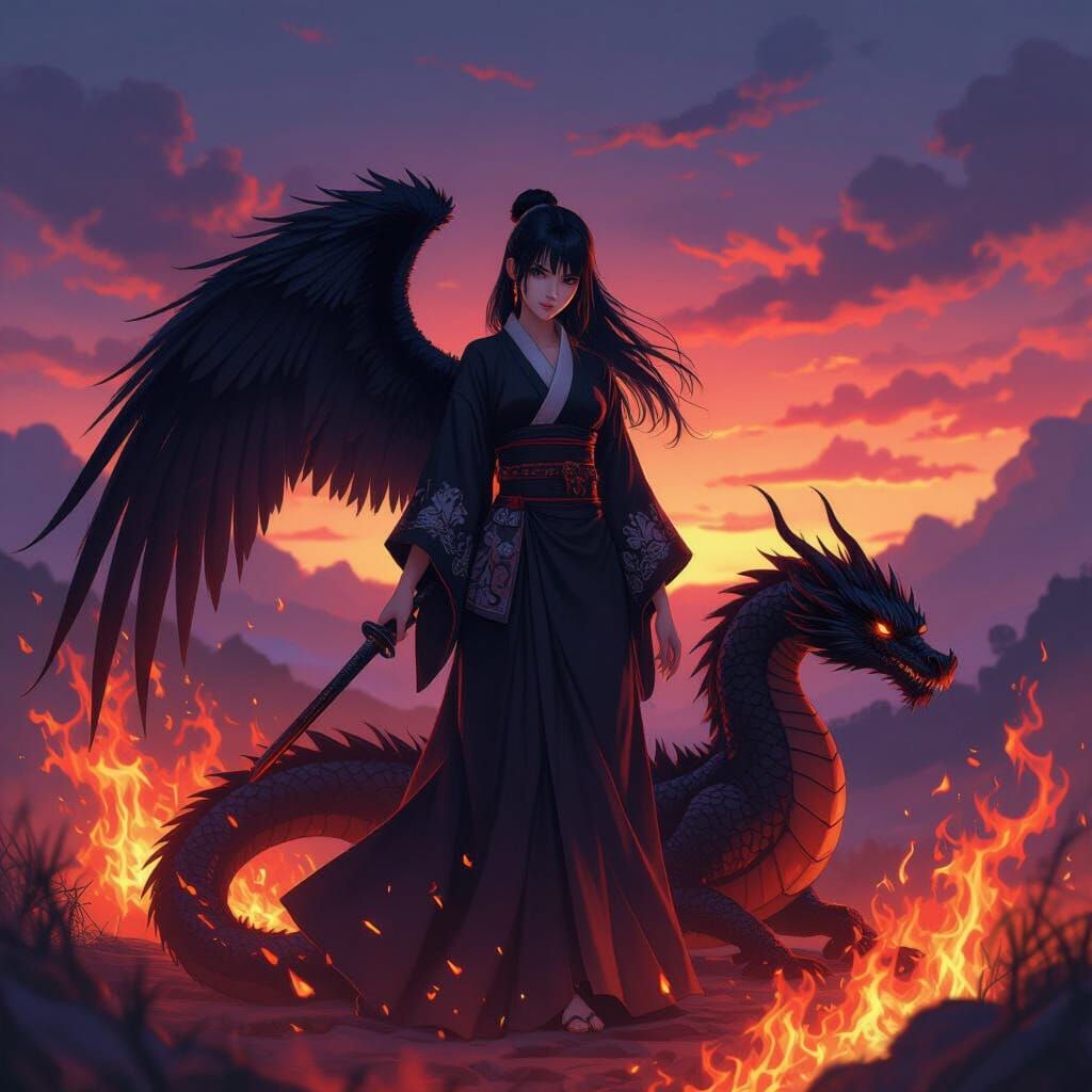Scorpio Girl with Dragon and Phoenix in Manga Style