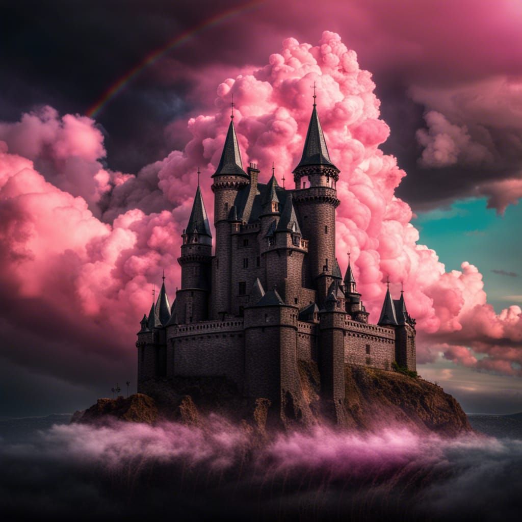 Black Castle Among Pink Clouds and Rainbows