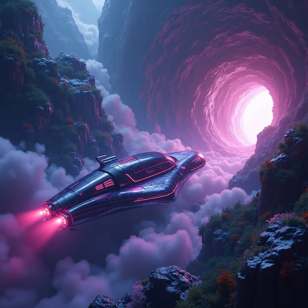 Futuristic Spacecraft Between Eco-Domes in Sci-Fi Style