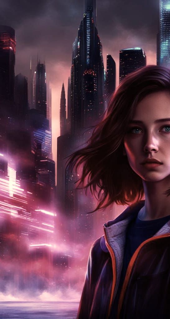 Teenage Girl in Front of Futuristic Cityscape