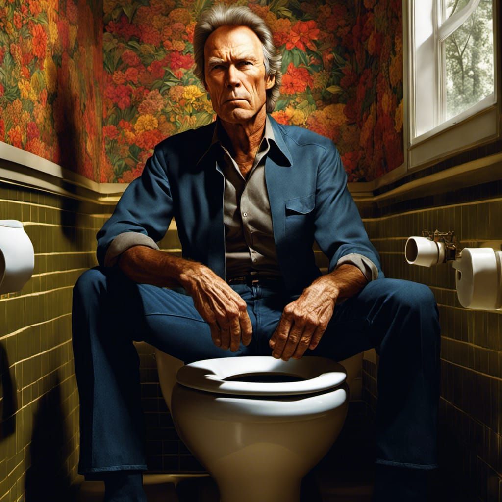 Clint Eastwood Squinting on Toilet: Hyperrealistic Digital A...