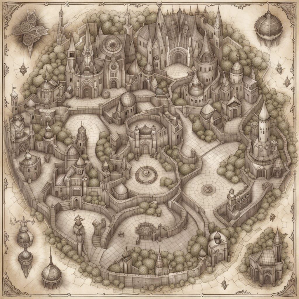 Detailed Hand-Drawn Map of Fantasy City