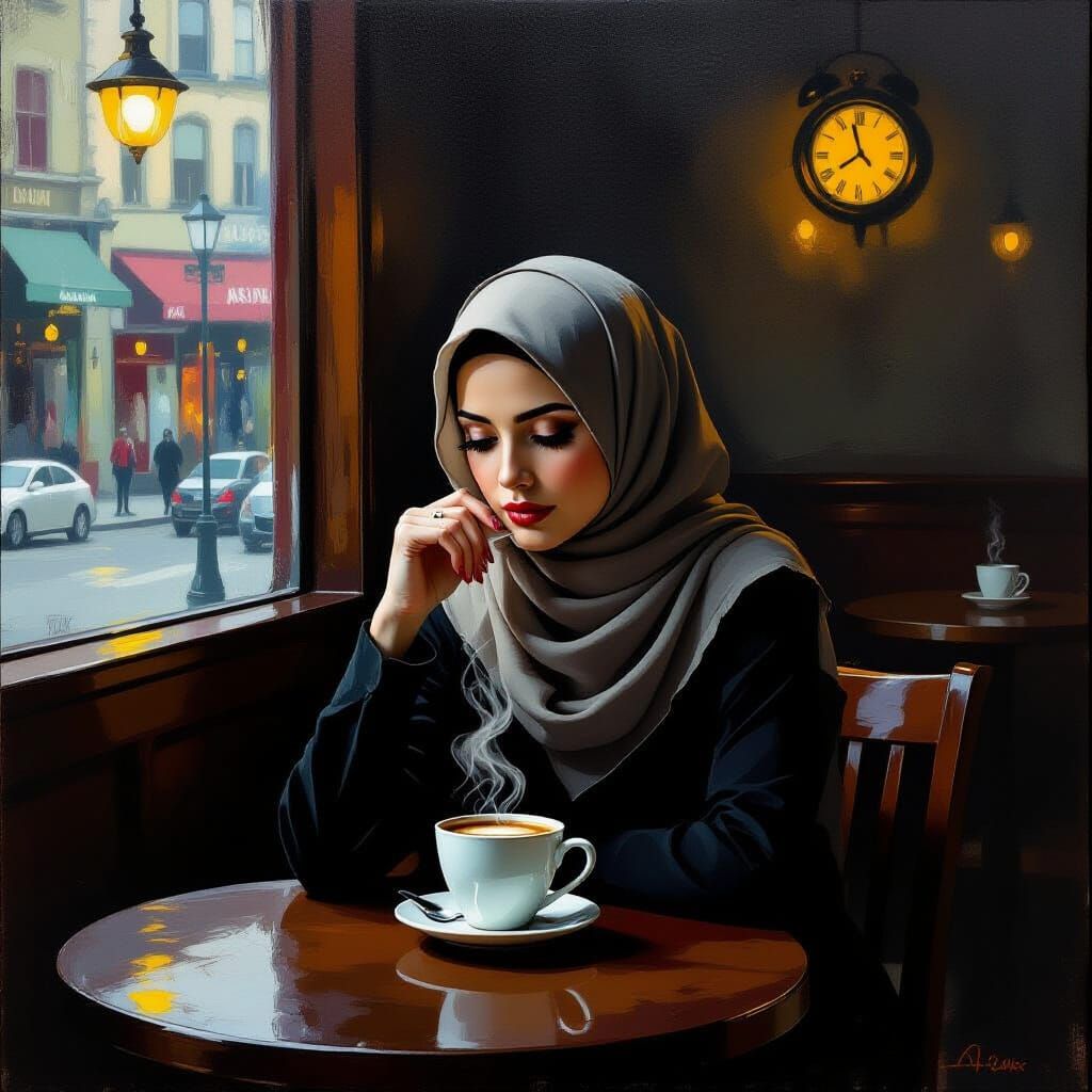 Solitary Hijabi Woman in Moody Cafe Oil Painting