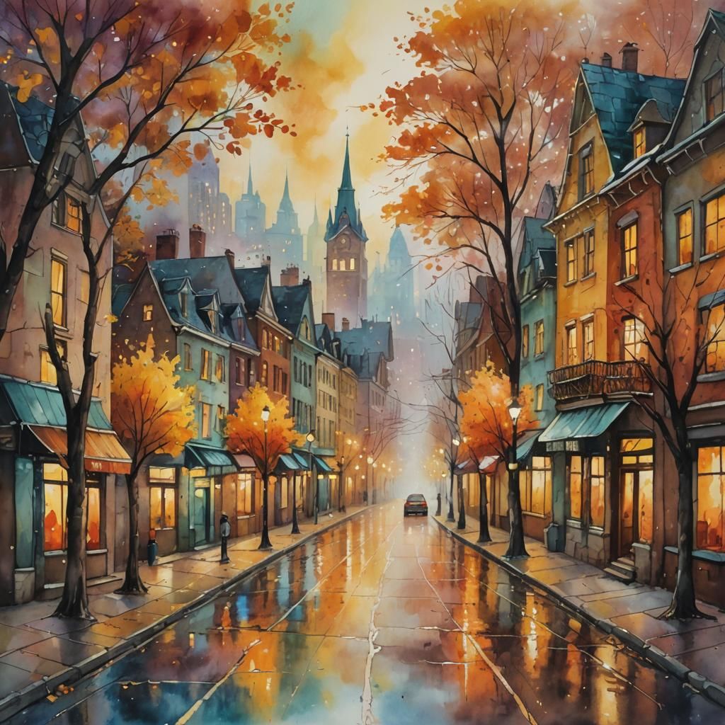 Whimsical Autumn Cityscape in Acrylic Watercolor Style