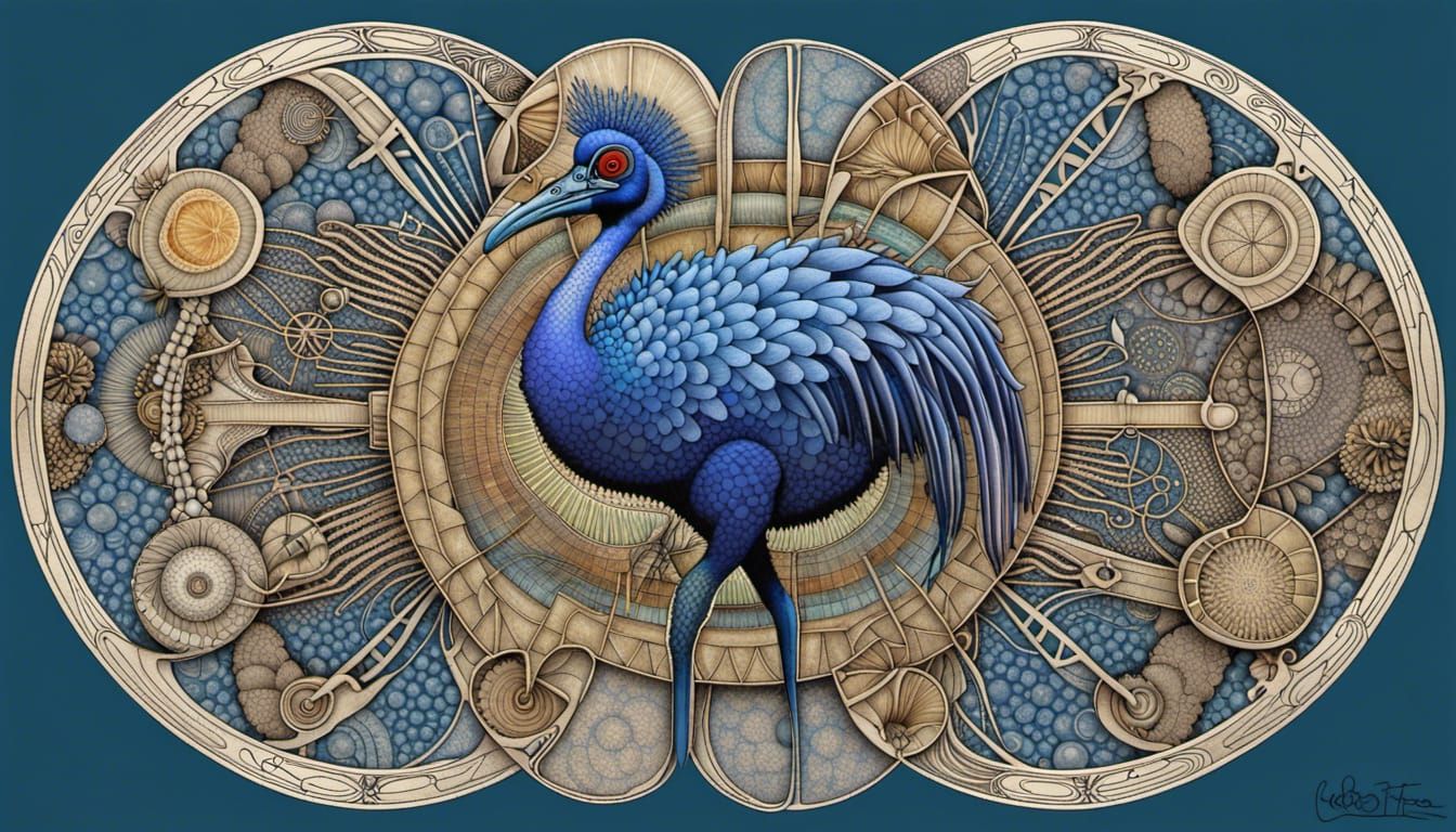 Cassowary Technical Diagram with Quantum Zentangle Elements