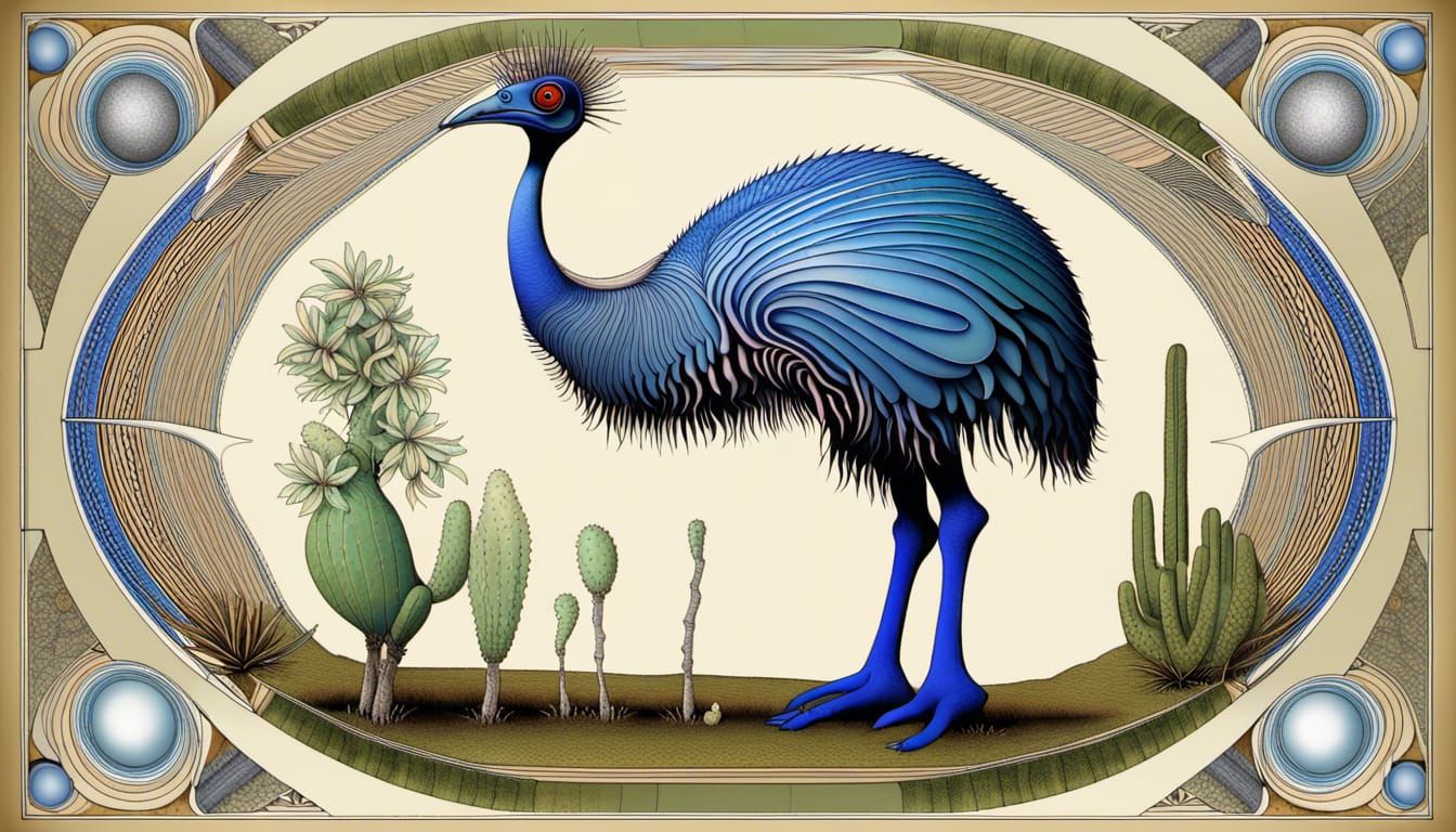 Cassowary with Technical Drawings and Quantum Zentangle