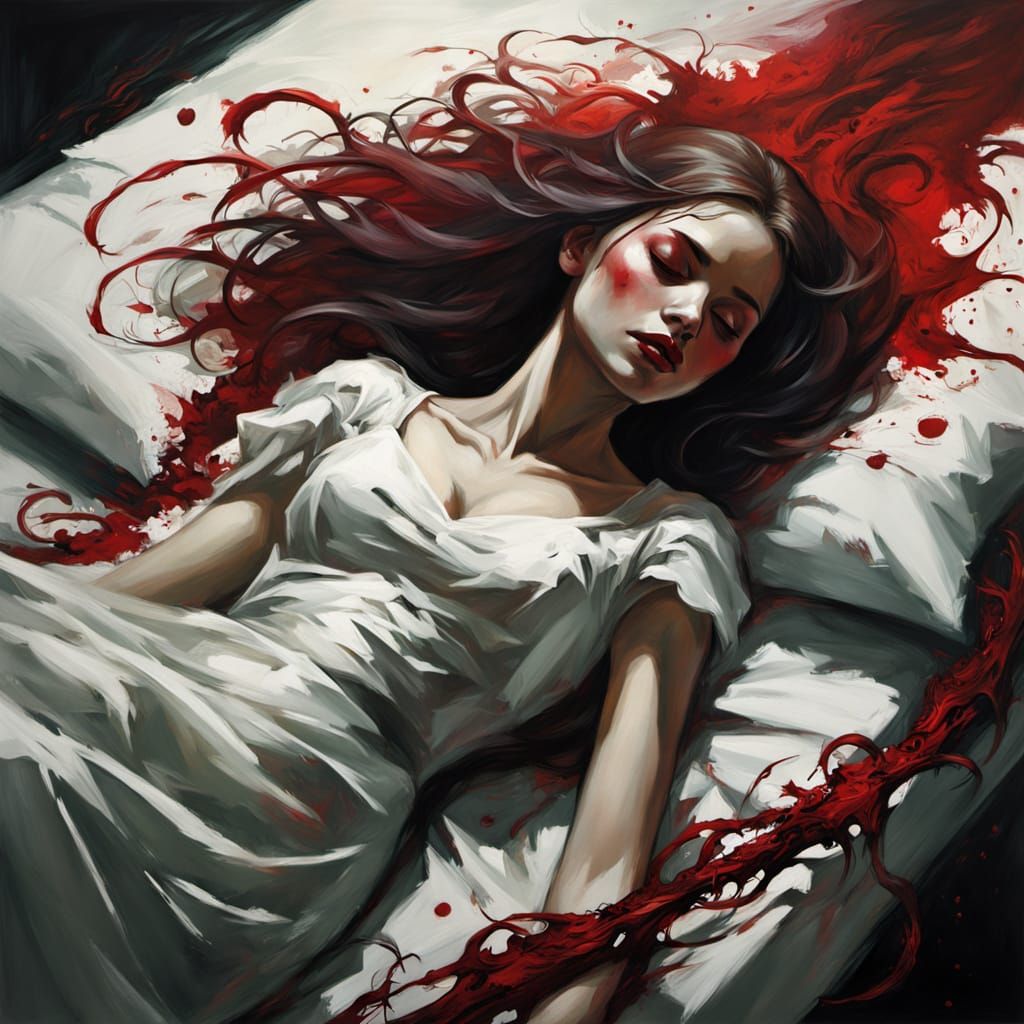 Ethereal Sleeping Girl with Crimson Splatters