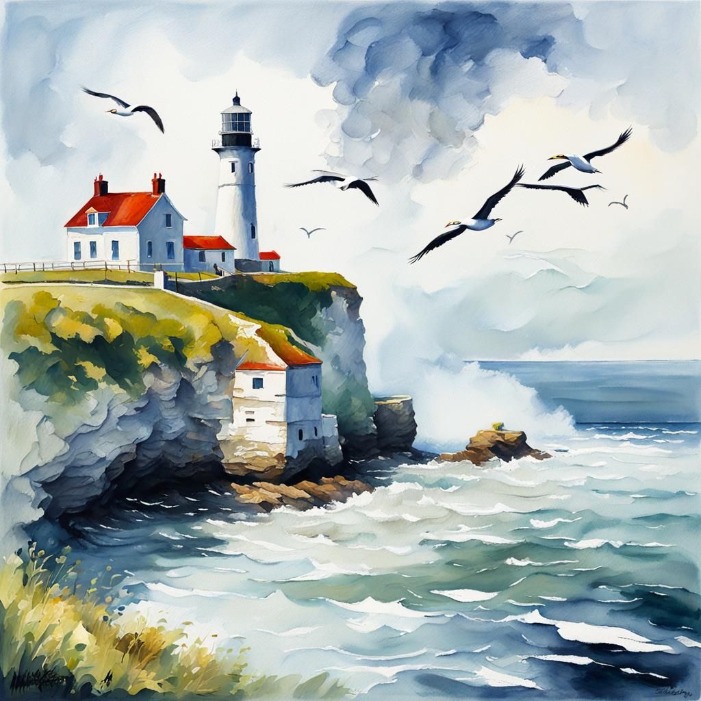 Flamborough Head Lighthouse in Gouache Style