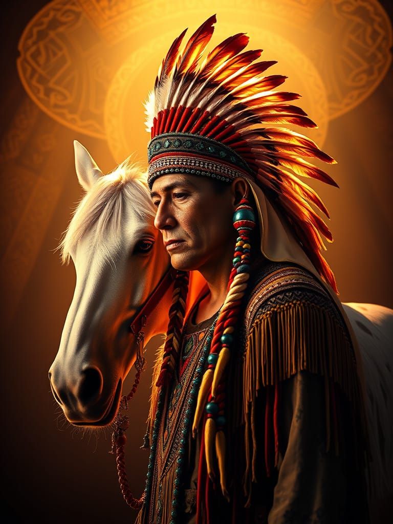 Native American Warrior in Spiritual Harmony with Majestic A...