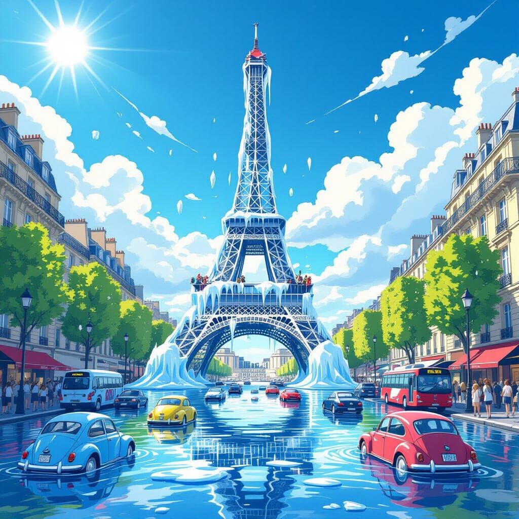 Melting Eiffel Tower Ice Sculpture in Paris