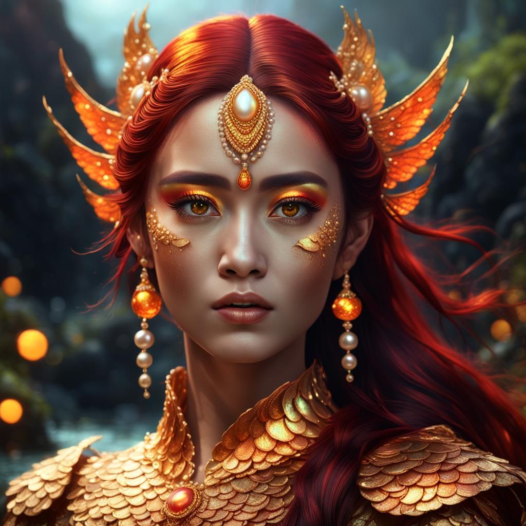 Asian Mermaid with Golden Scales, Fantasy Art