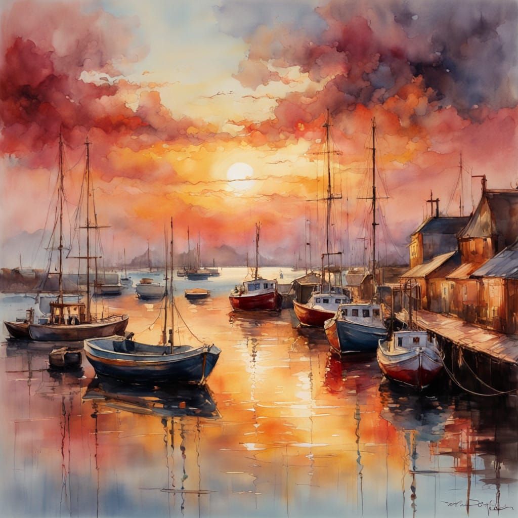 Warm Summer Evening on the Harbour in Watercolour Style