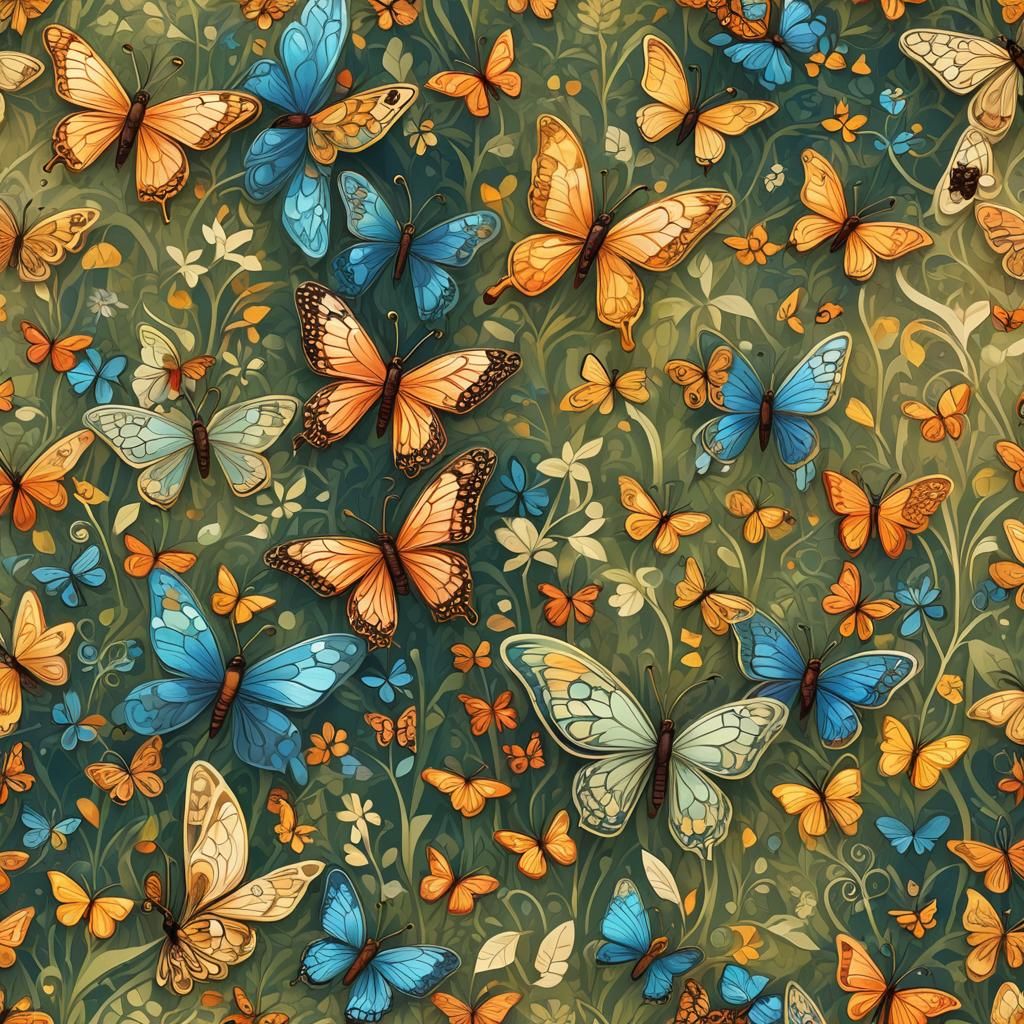 Butterfly Meadow with Bee People in Zentangle Style