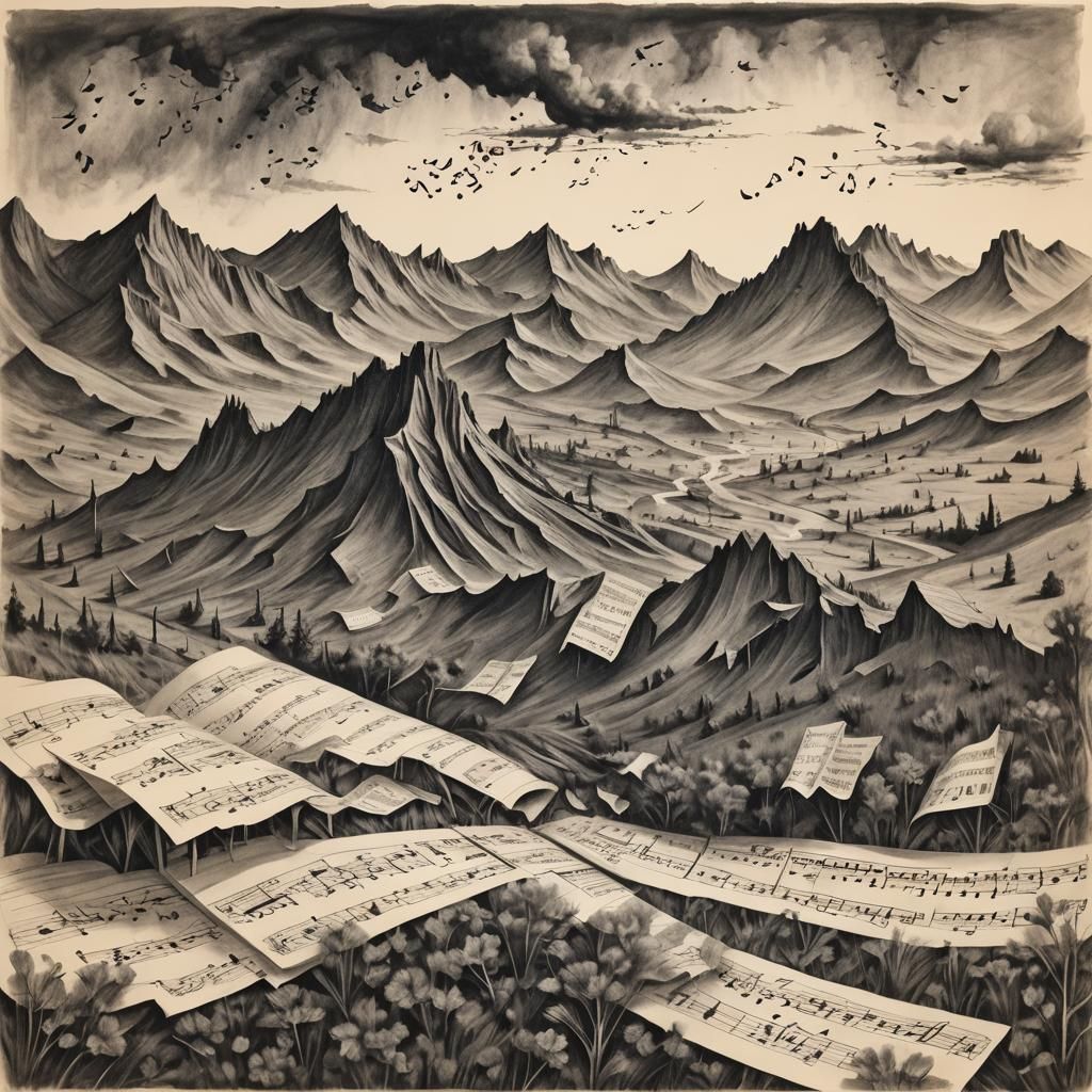 Charcoal Drawing: Sheet Music Becomes Cimarron Landscape