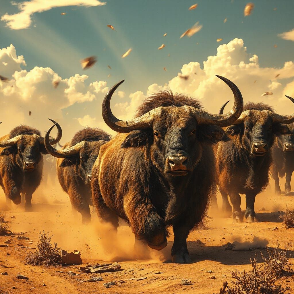 Fantasy Aurochs Storm the Golden Plains