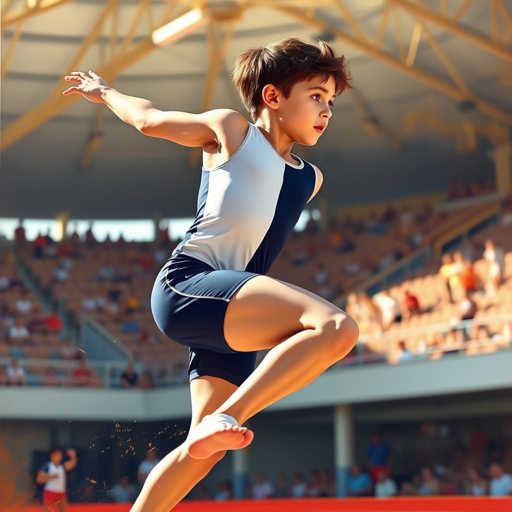 Young Gymnast in Mid-Air Leap
