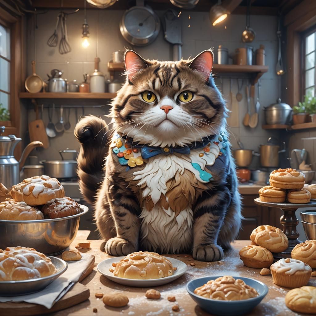 Chubby Cat Baking: Detailed Digital Portrait