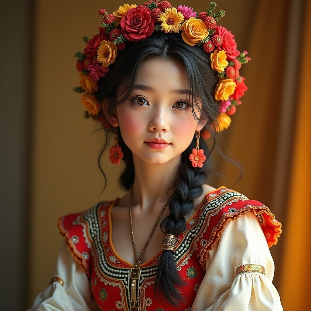 Stunning Peasant Girl in Ornate Folk Attire