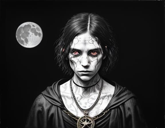 Gothic Model in Haunted Cafe with Occult Symbols