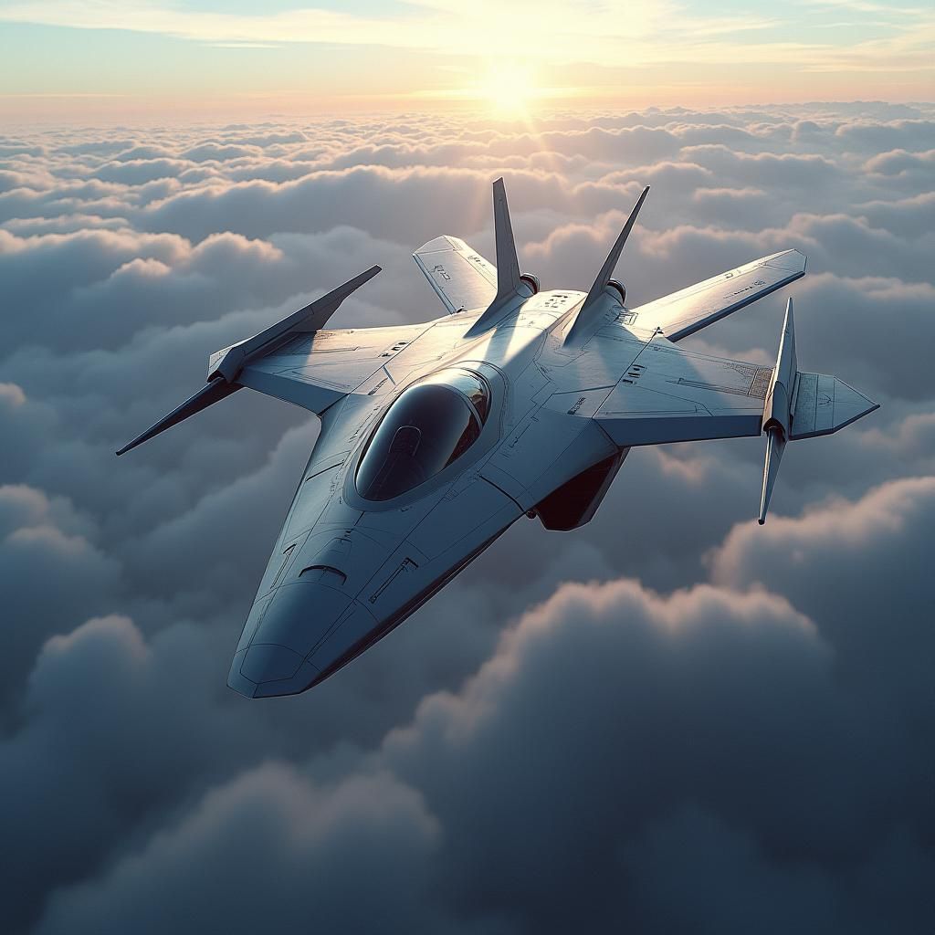 Futuristic Jet Soaring Over Mist-Shrouded Mountains