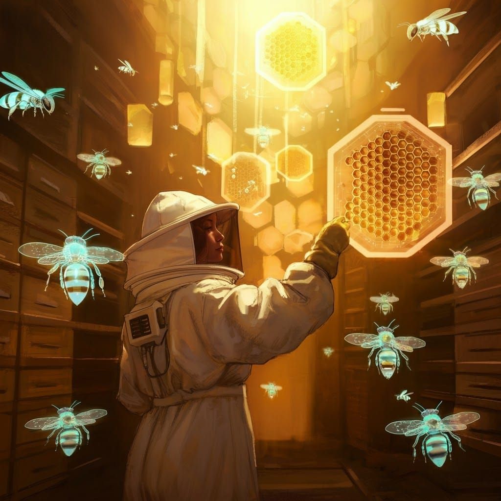Cyberpunk Beekeeper Tends Holographic Bees in a Futuristic A...