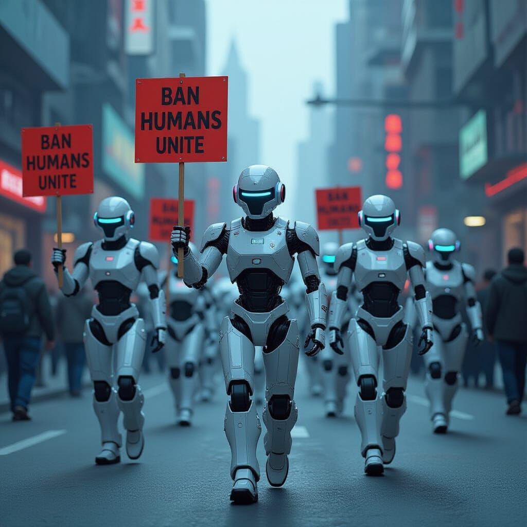 Robots' Anti-Human Protest in Dystopian Cityscape