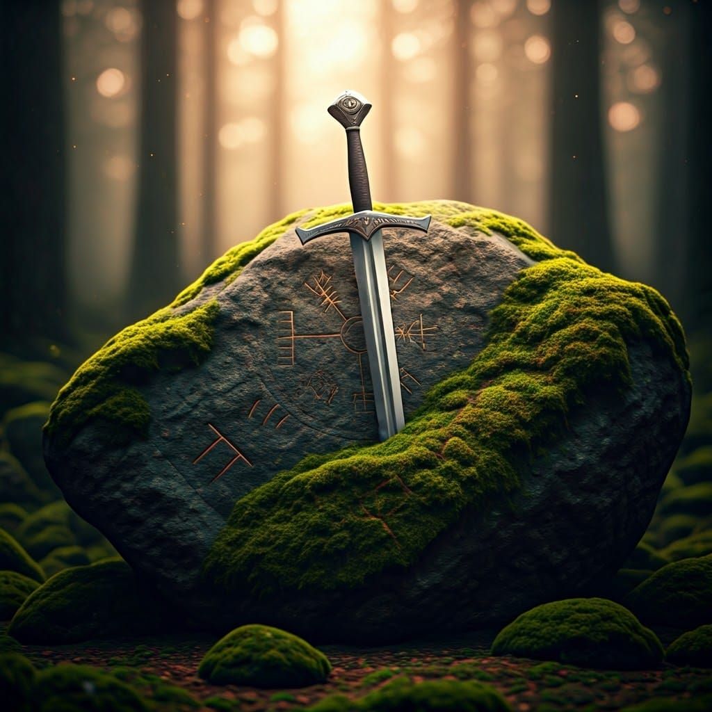 Excalibur in Mossy Granite Rock, Photorealistic