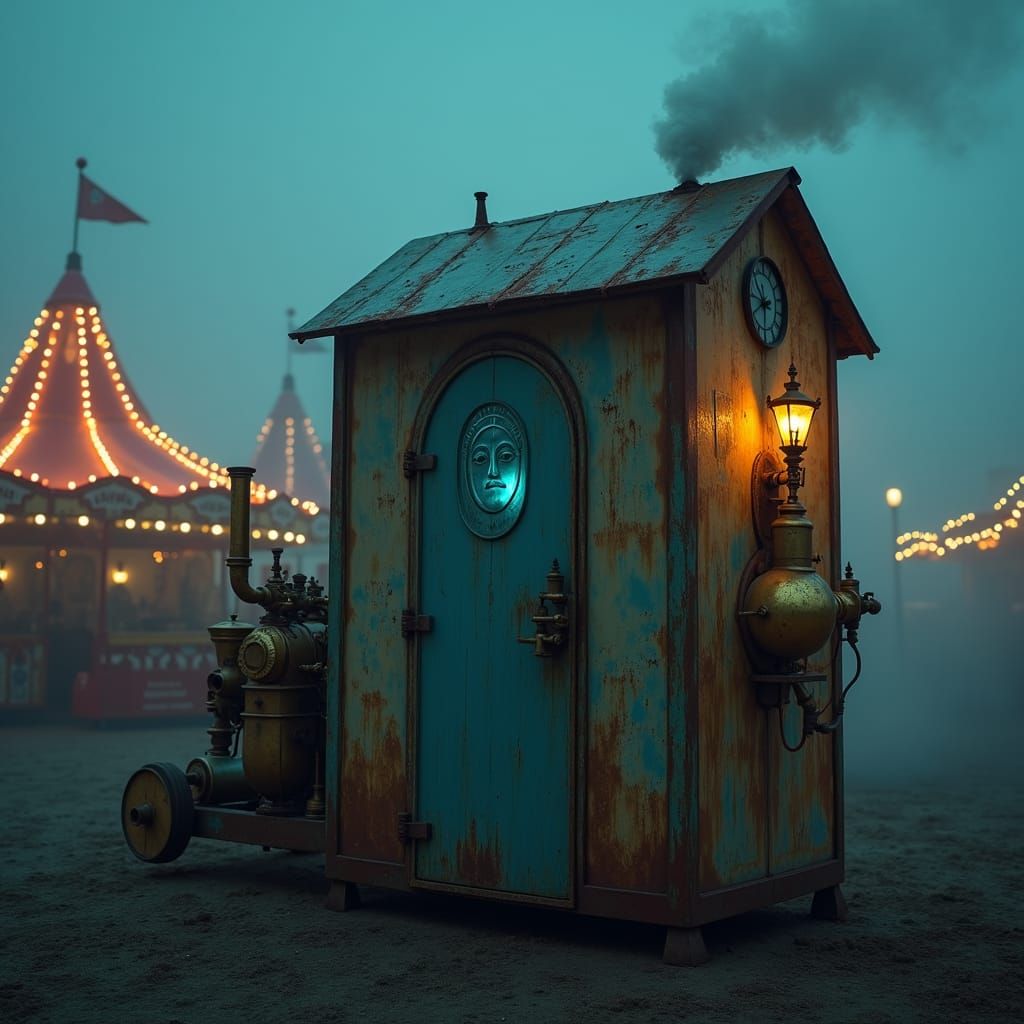 Surreal Haunted Outhouse at Carnival with Ghostly Figure