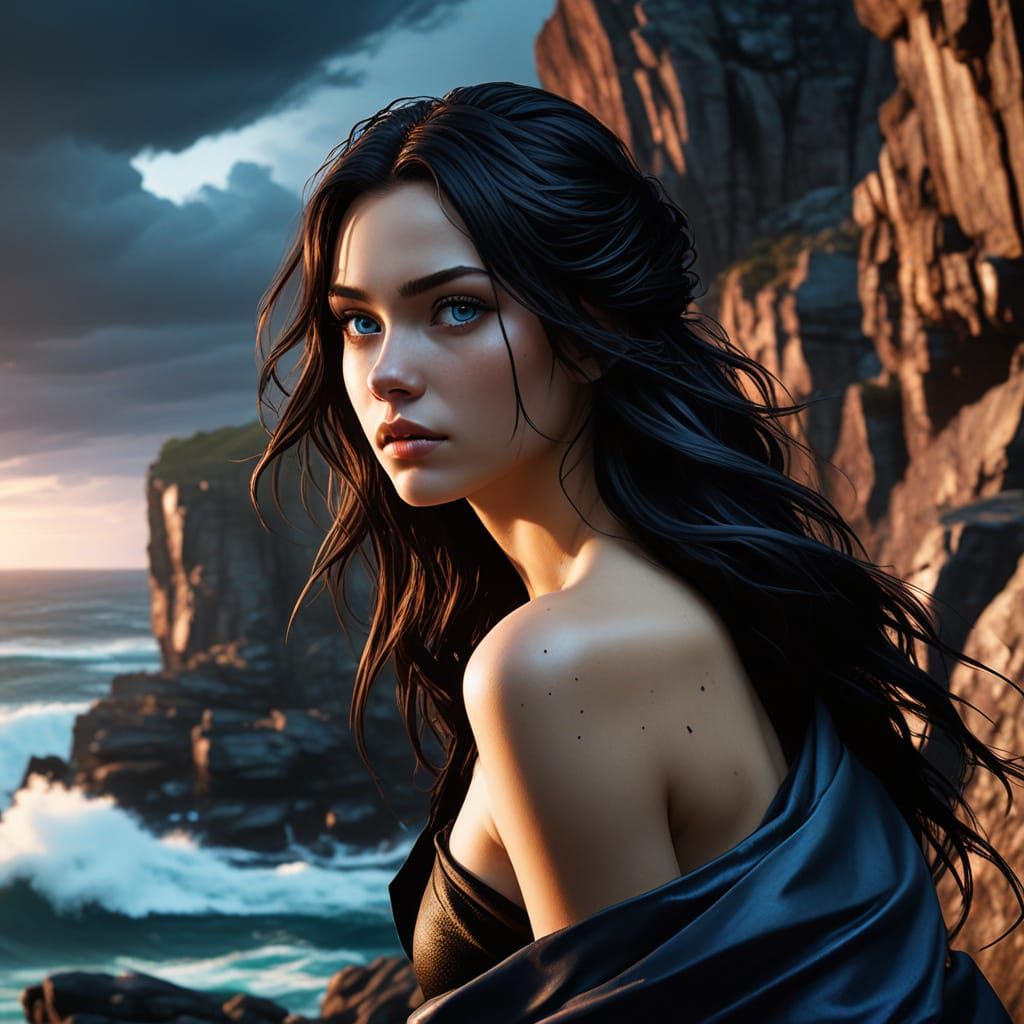 Goth Girl Gazing at Stormy Sea in Anime Style