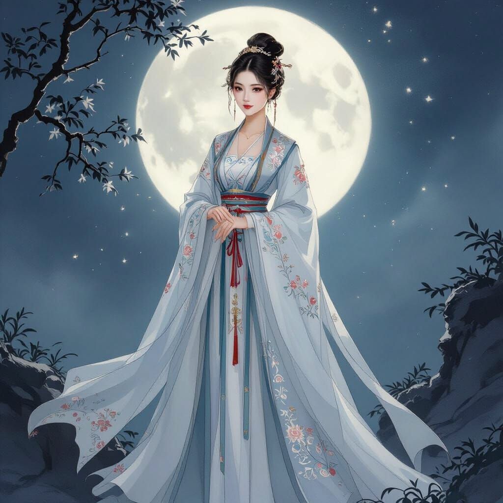 Elegant Girl in Hanfu Under Moonlight, Ming Dynasty Style