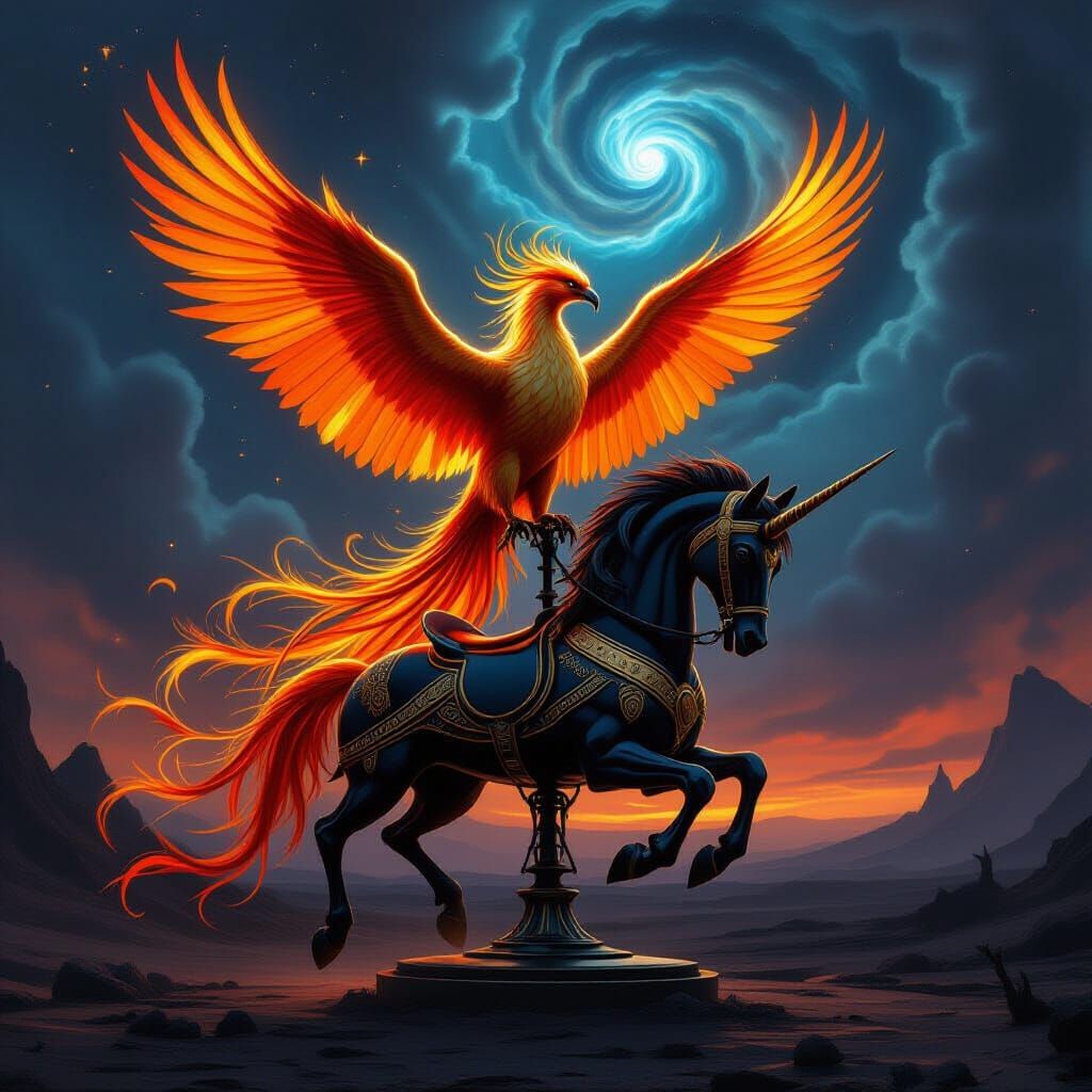 Majestic Phoenix on Obsidian Horse in Volcanic Landscape