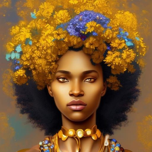Detailed African Goddess Portrait with Floral Accents