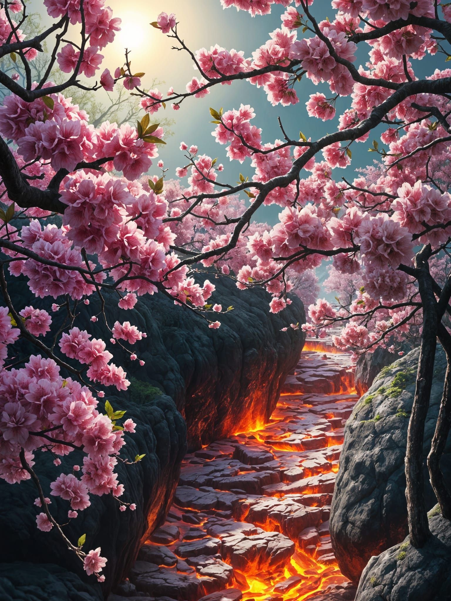 Vibrant Cherry Blossom Landscape in Epic Fantasy Style